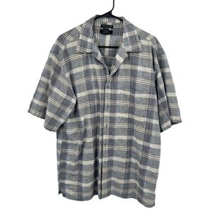 Linen Blend Short Sleeve Button Up Shirt Mens XL Blue Plaid Lightweight Coastal